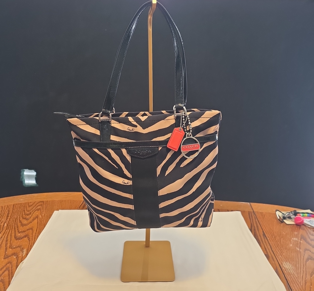 Coach Zebra-Print Tote in Black and Tan with Red Tag